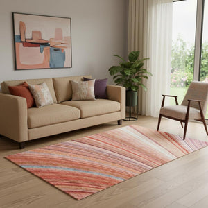 HomeRoots 5' X 8' Durable Terra Cotta, Blue & Ivory Striped Washable Area Rug with Stain & UV Protection 650358