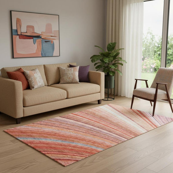 HomeRoots 5' X 8' Durable Terra Cotta, Blue & Ivory Striped Washable Area Rug with Stain & UV Protection 650358