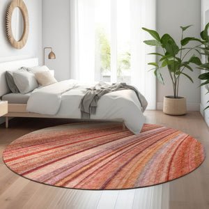 HomeRoots 8' Stylish Terra Cotta, Blue & Ivory Striped Washable Round Rug with UV Protection for Any Space 650359