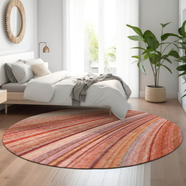 HomeRoots 8' Stylish Terra Cotta, Blue & Ivory Striped Washable Round Rug with UV Protection for Any Space 650359