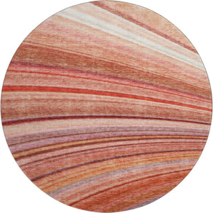 HomeRoots 8' Stylish Terra Cotta, Blue & Ivory Striped Washable Round Rug with UV Protection for Any Space 650359