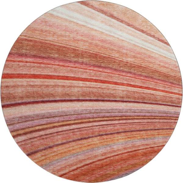 HomeRoots 8' Stylish Terra Cotta, Blue & Ivory Striped Washable Round Rug with UV Protection for Any Space 650359