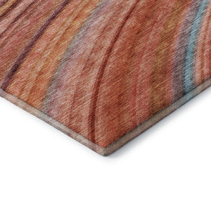 HomeRoots 8' Stylish Terra Cotta, Blue & Ivory Striped Washable Round Rug with UV Protection for Any Space 650359