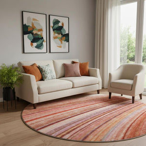 HomeRoots 8' Stylish Terra Cotta, Blue & Ivory Striped Washable Round Rug with UV Protection for Any Space 650359