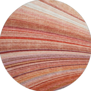 HomeRoots 8' Stylish Terra Cotta, Blue & Ivory Striped Washable Round Rug with UV Protection for Any Space 650359
