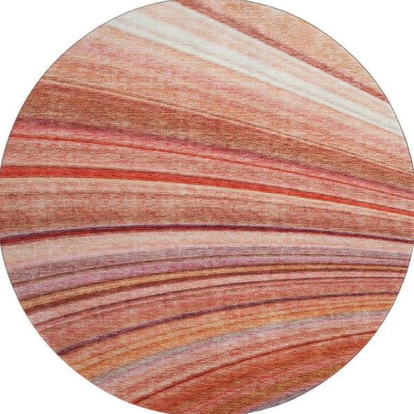 HomeRoots 8' Stylish Terra Cotta, Blue & Ivory Striped Washable Round Rug with UV Protection for Any Space 650359