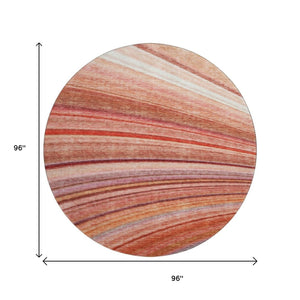 HomeRoots 8' Stylish Terra Cotta, Blue & Ivory Striped Washable Round Rug with UV Protection for Any Space 650359