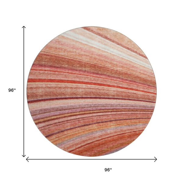 HomeRoots 8' Stylish Terra Cotta, Blue & Ivory Striped Washable Round Rug with UV Protection for Any Space 650359