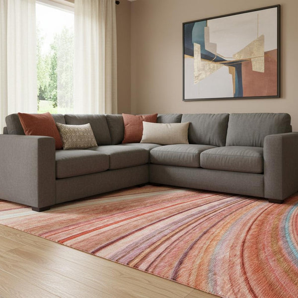 HomeRoots 8' X 10' Washable Terra Cotta Blue and Ivory Striped Area Rug with UV Protection & Stain Resistance 650360