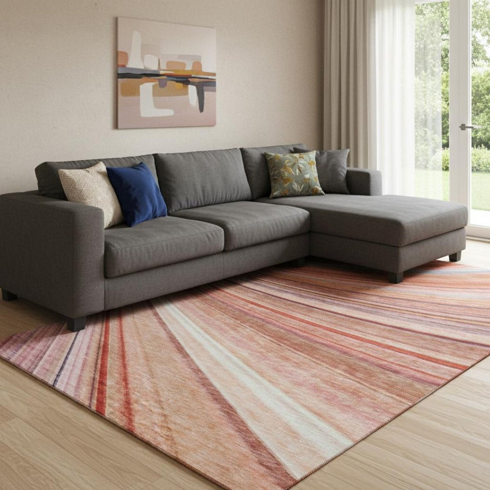 HomeRoots 8' X 10' Washable Terra Cotta Blue and Ivory Striped Area Rug with UV Protection & Stain Resistance 650360