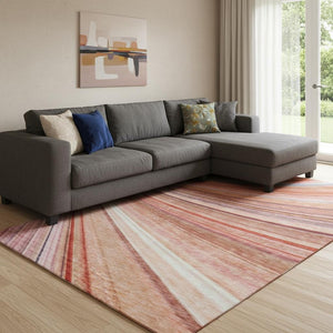 HomeRoots 8' X 10' Washable Terra Cotta Blue and Ivory Striped Area Rug with UV Protection & Stain Resistance 650360