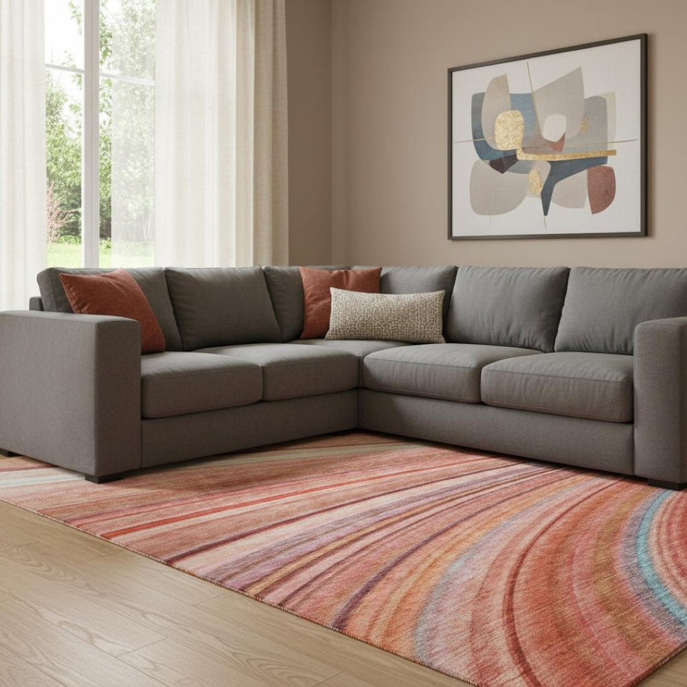 HomeRoots 9' X 12' Striped Terra Cotta, Blue & Ivory Washable Area Rug with UV Protection for Easy Care 650361