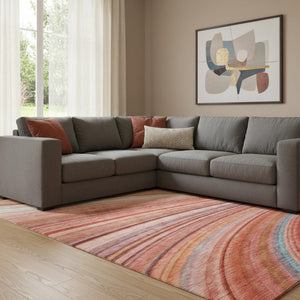HomeRoots 9' X 12' Striped Terra Cotta, Blue & Ivory Washable Area Rug with UV Protection for Easy Care 650361