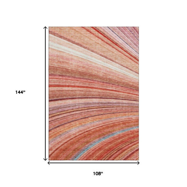 HomeRoots 9' X 12' Striped Terra Cotta, Blue & Ivory Washable Area Rug with UV Protection for Easy Care 650361