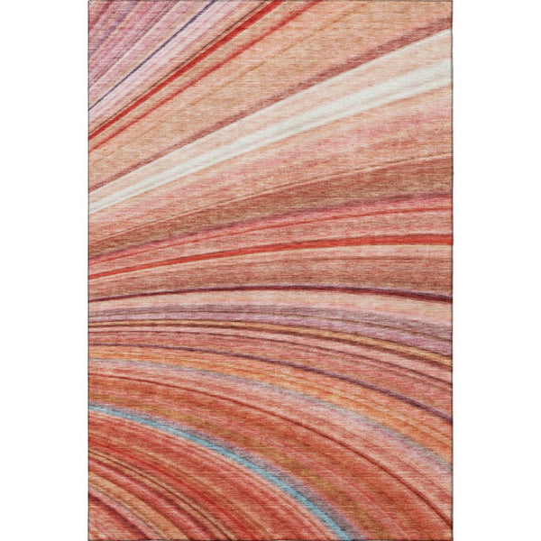 HomeRoots 10' X 14' Striped Washable Area Rug in Terra Cotta, Blue & Ivory - Durable, UV-Protected Design! 650362