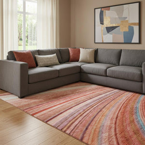 HomeRoots 10' X 14' Striped Washable Area Rug in Terra Cotta, Blue & Ivory - Durable, UV-Protected Design! 650362