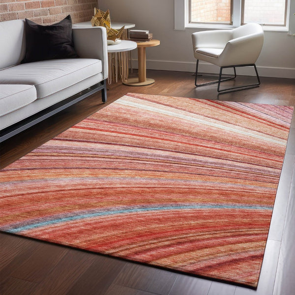 HomeRoots 10' X 14' Striped Washable Area Rug in Terra Cotta, Blue & Ivory - Durable, UV-Protected Design! 650362