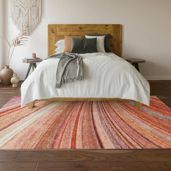 HomeRoots 10' X 14' Striped Washable Area Rug in Terra Cotta, Blue & Ivory - Durable, UV-Protected Design! 650362