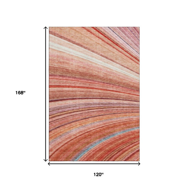 HomeRoots 10' X 14' Striped Washable Area Rug in Terra Cotta, Blue & Ivory - Durable, UV-Protected Design! 650362