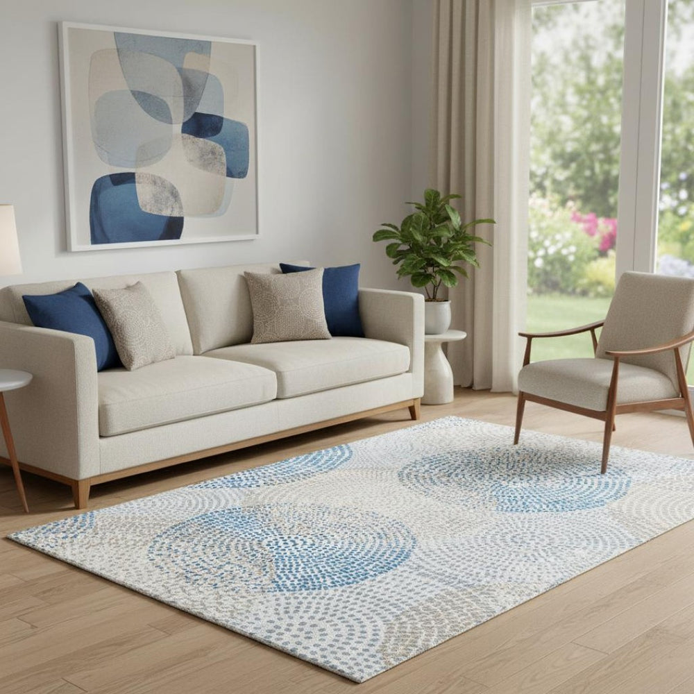 HomeRoots 5' X 8' Ivory and Blue Abstract Area Rug – Washable, UV-Protected, Durable for Kids and Pets 650364