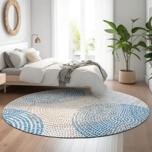HomeRoots 8' Ivory and Blue Abstract Round Rug – Washable, UV-Protected, Durable for Families & Pets! 650365