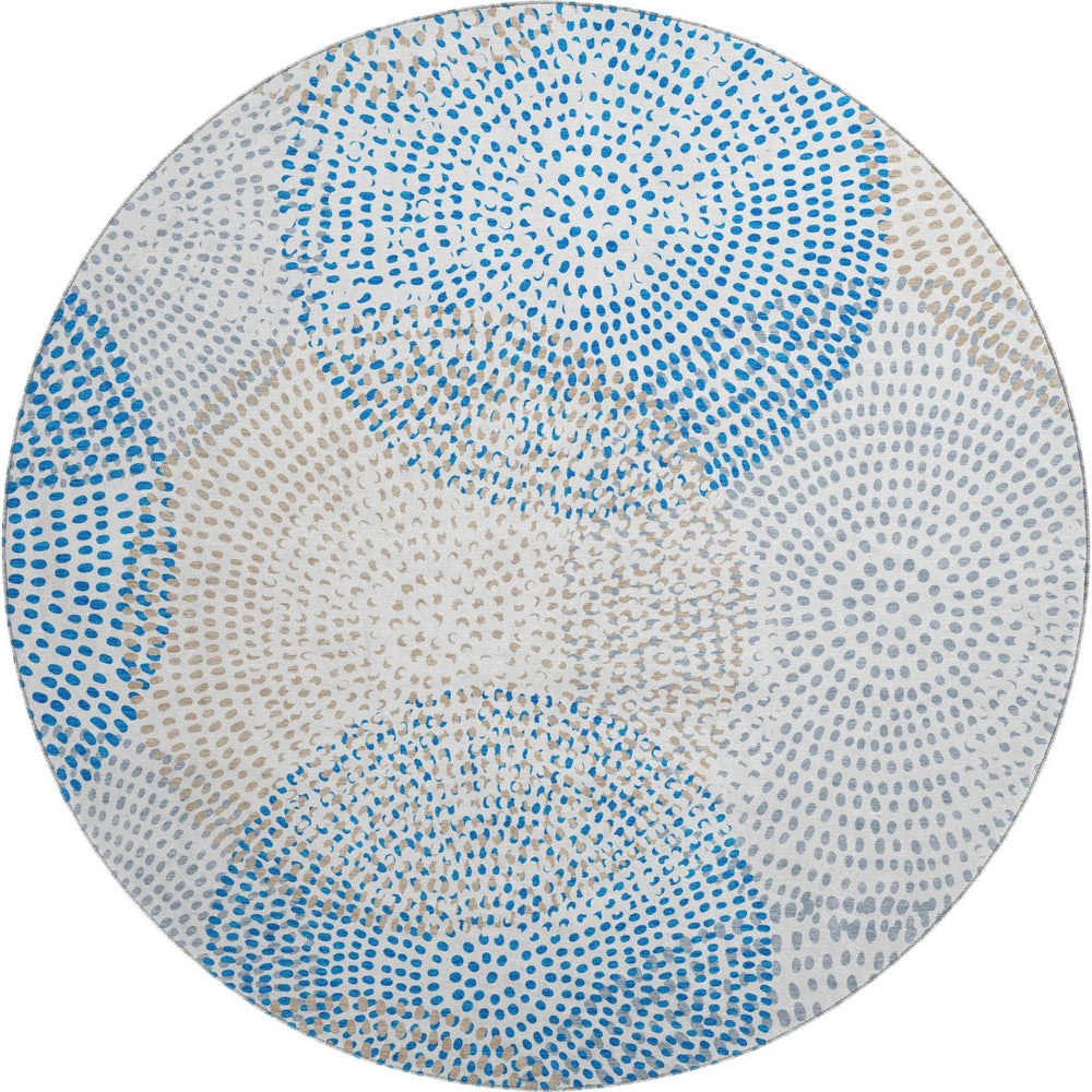 HomeRoots 8' Ivory and Blue Abstract Round Rug – Washable, UV-Protected, Durable for Families & Pets! 650365