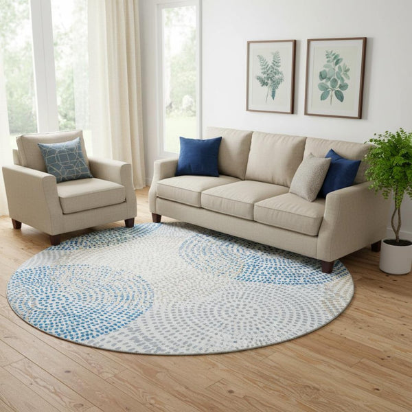 HomeRoots 8' Ivory and Blue Abstract Round Rug – Washable, UV-Protected, Durable for Families & Pets! 650365