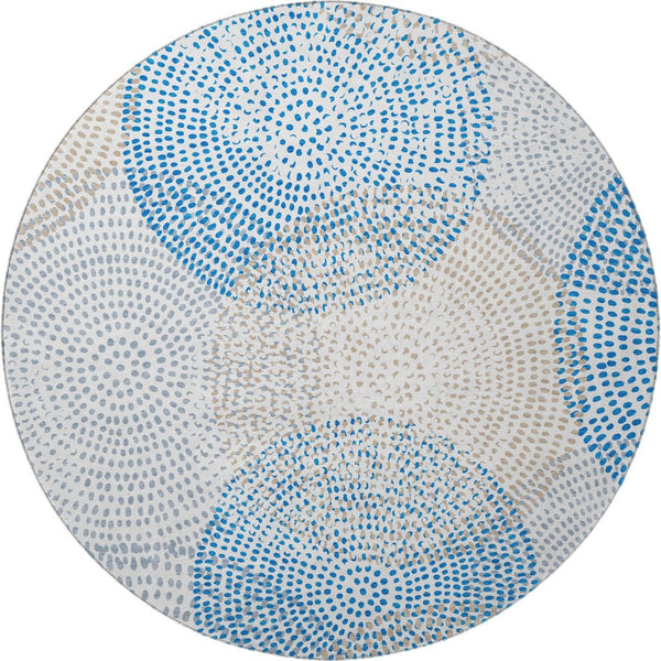 HomeRoots 8' Ivory and Blue Abstract Round Rug – Washable, UV-Protected, Durable for Families & Pets! 650365