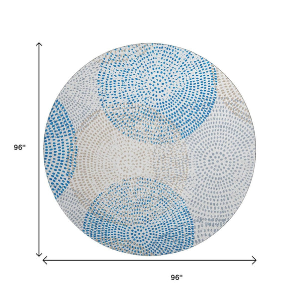 HomeRoots 8' Ivory and Blue Abstract Round Rug – Washable, UV-Protected, Durable for Families & Pets! 650365