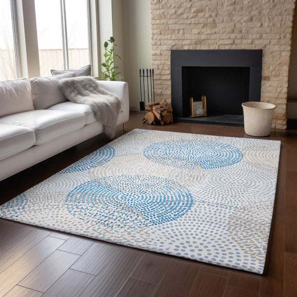 HomeRoots 8' X 10' Ivory and Blue Abstract Area Rug - Washable, UV-Protected, Stylish for High-Traffic Spaces 650366