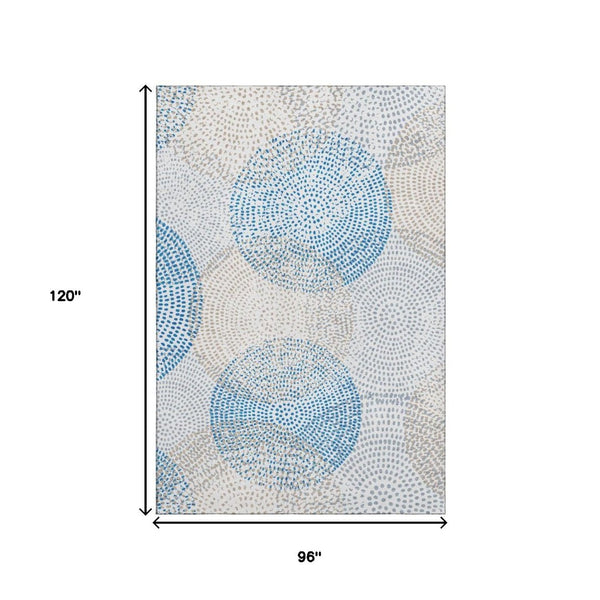 HomeRoots 8' X 10' Ivory and Blue Abstract Area Rug - Washable, UV-Protected, Stylish for High-Traffic Spaces 650366