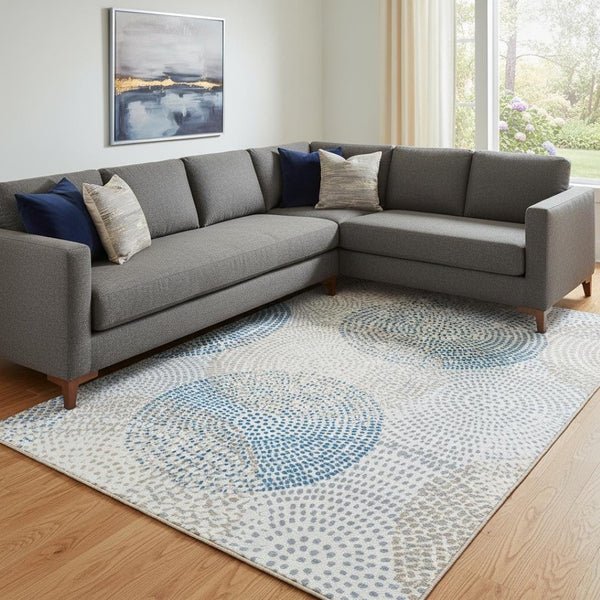 HomeRoots 9' X 12' Ivory And Blue Abstract Washable Area Rug - Durable, Stylish, UV-Protected for Busy Homes 650367
