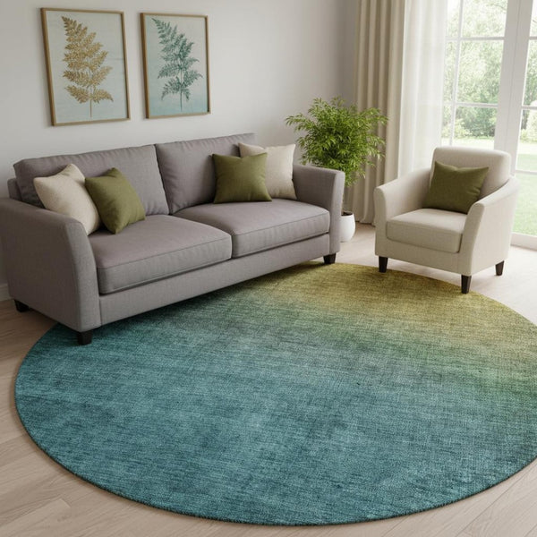 HomeRoots 8' Brown And Blue Ombre Round Rug - Durable, Washable, UV Protected for Modern Spaces & High Traffic Areas 650371