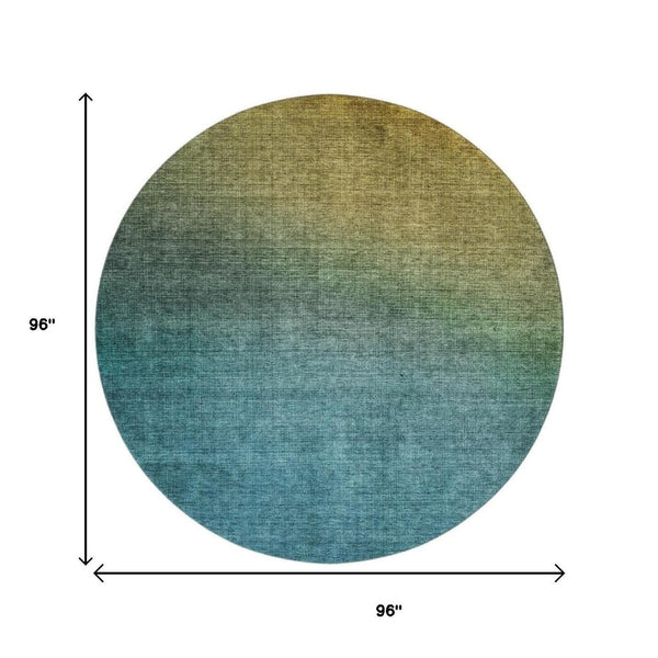 HomeRoots 8' Brown And Blue Ombre Round Rug - Durable, Washable, UV Protected for Modern Spaces & High Traffic Areas 650371