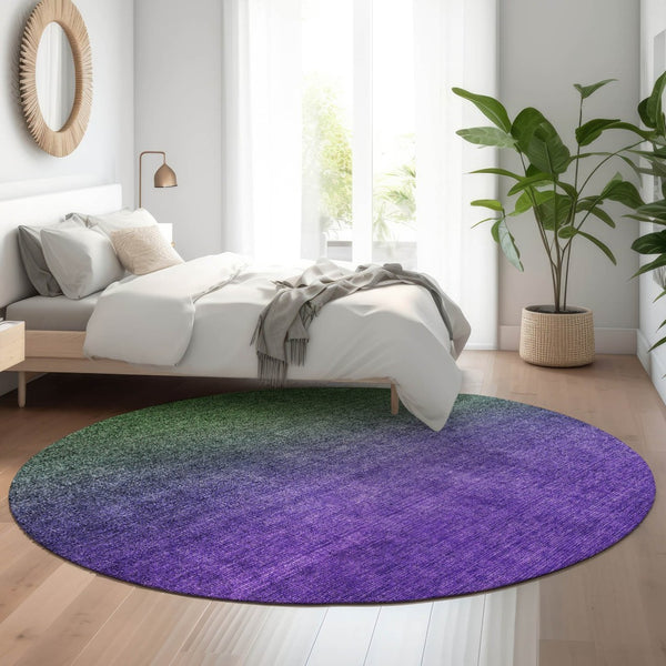 HomeRoots 8' Vibrant Green And Purple Ombre Washable Round Rug with Stain Resistance and UV Protection 650377