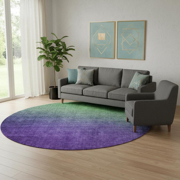 HomeRoots 8' Vibrant Green And Purple Ombre Washable Round Rug with Stain Resistance and UV Protection 650377