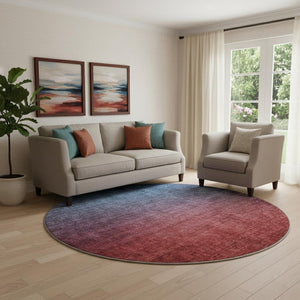 HomeRoots 8' Navy Blue to Red Ombre Round Rug - Washable, UV-Protected, Stain-Resistant for Busy Homes 650389