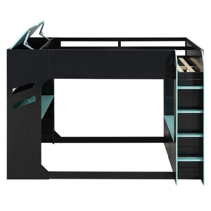 English Elm Full Size Loft Bed with Rgb Lighting Desk Drawers Hanging Rod Teen Bedroom Blue LT000288AAC-1