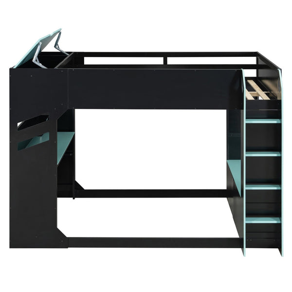 English Elm Full Size Loft Bed with Rgb Lighting Desk Drawers Hanging Rod Teen Bedroom Blue LT000288AAC-1