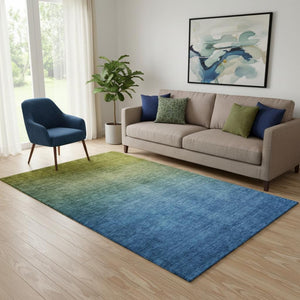 HomeRoots 5' X 8' Olive Green and Blue Ombre Area Rug - Washable, UV Protected, Stylish for Indoor & Outdoor Use 650394