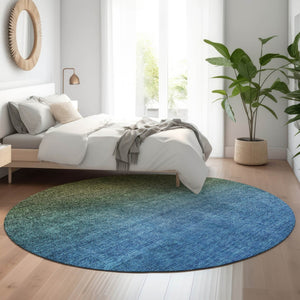 HomeRoots 8' Stylish Olive Green to Blue Ombre Round Rug - Washable, Durable, UV Protected for Busy Homes 650395
