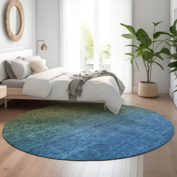 HomeRoots 8' Stylish Olive Green to Blue Ombre Round Rug - Washable, Durable, UV Protected for Busy Homes 650395
