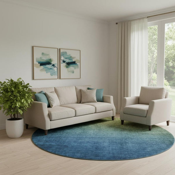 HomeRoots 8' Stylish Olive Green to Blue Ombre Round Rug - Washable, Durable, UV Protected for Busy Homes 650395