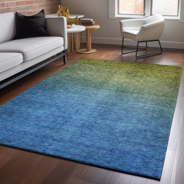 HomeRoots 8' X 10' Olive Green & Blue Ombre Washable Area Rug – Durable, UV Protected, Perfect for Busy Spaces! 650396