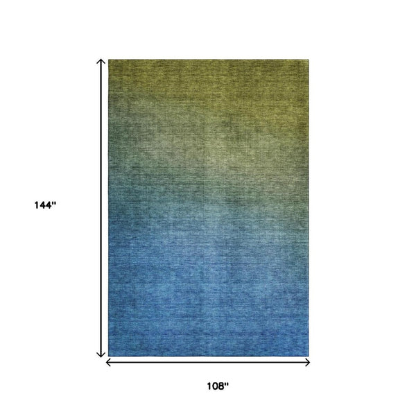 HomeRoots 9' X 12' Washable Olive Green and Blue Ombre Area Rug with UV Protection for Homes with Kids & Pets 650397