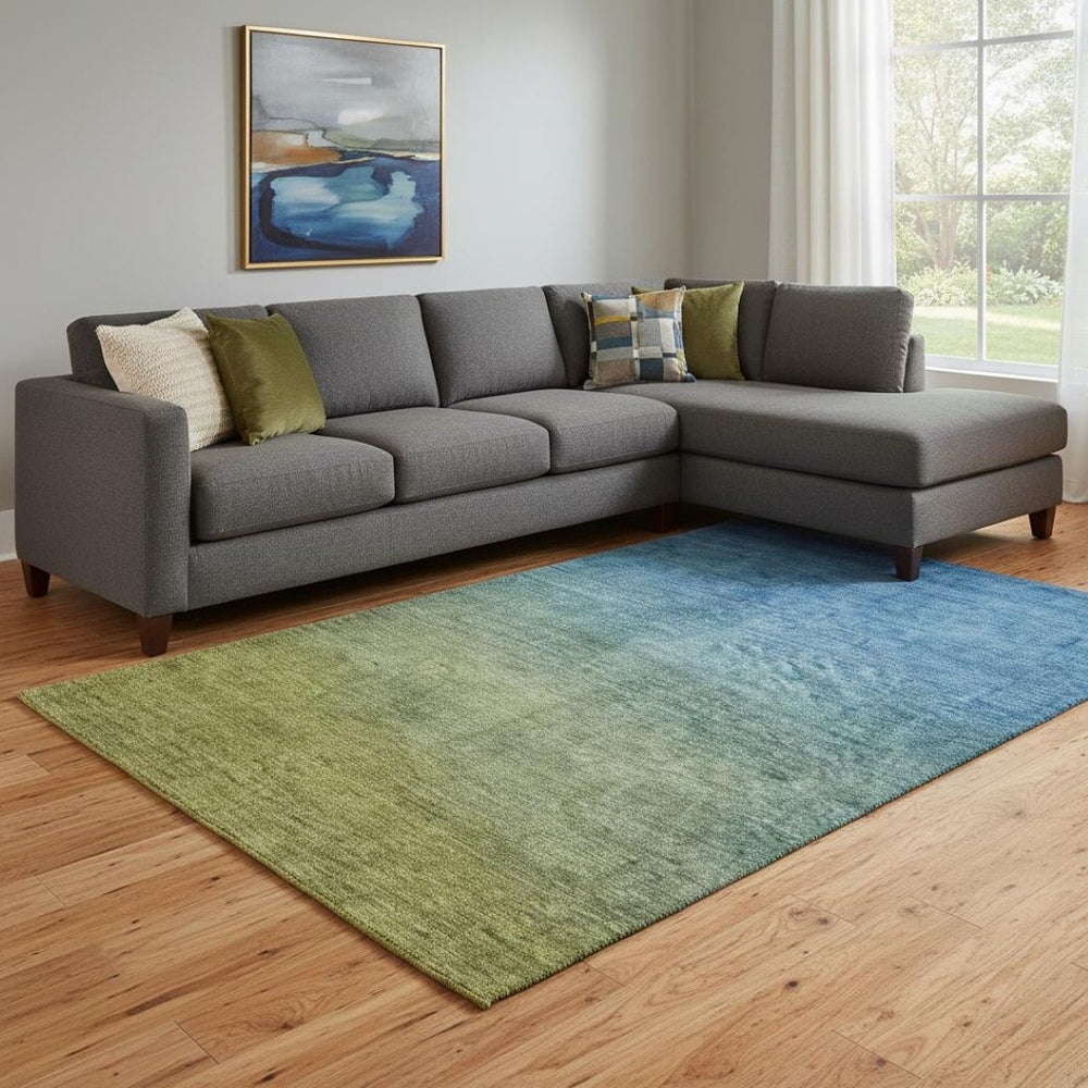 HomeRoots 9' X 12' Washable Olive Green and Blue Ombre Area Rug with UV Protection for Homes with Kids & Pets 650397