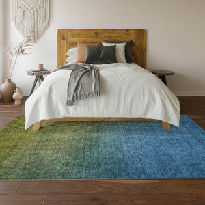 HomeRoots 10' X 14' Olive Green & Blue Ombre Washable Area Rug – UV Protected, Stain-Resistant, Modern Style 650398