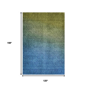 HomeRoots 10' X 14' Olive Green & Blue Ombre Washable Area Rug – UV Protected, Stain-Resistant, Modern Style 650398