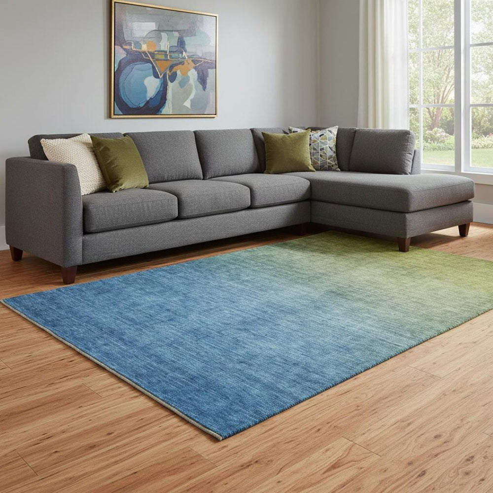 HomeRoots 10' X 14' Olive Green & Blue Ombre Washable Area Rug – UV Protected, Stain-Resistant, Modern Style 650398