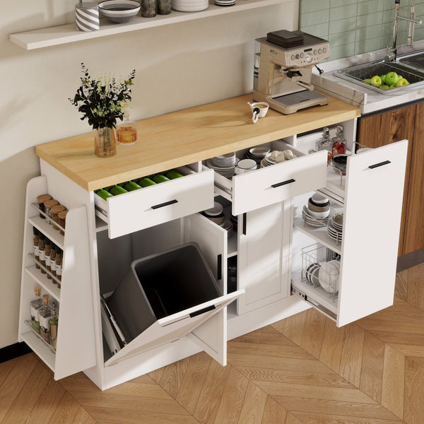English Elm Trexm Farmhouse Kitchen Sideboard with Hidden Trash Cabinet and Built-in Spice Rack White XW000027AAK